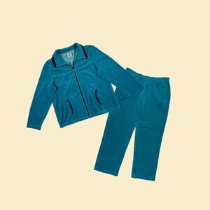 90s/Y2K blue velour track suit, vintage 1990s L womens pants & jacket set